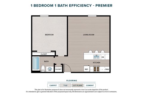 Floor plan for 1 bed, 1 bath, 575 sqft